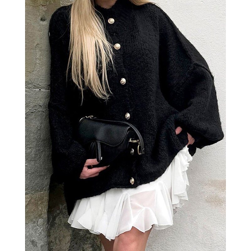 Women's Sweater Cardigan Vintage Streetwear Solid Color Ribbed Crew Neck Buttons Knitted Long Sleeve Regular Tops Knit Daily Going out Weekend Black Green Fall Winter