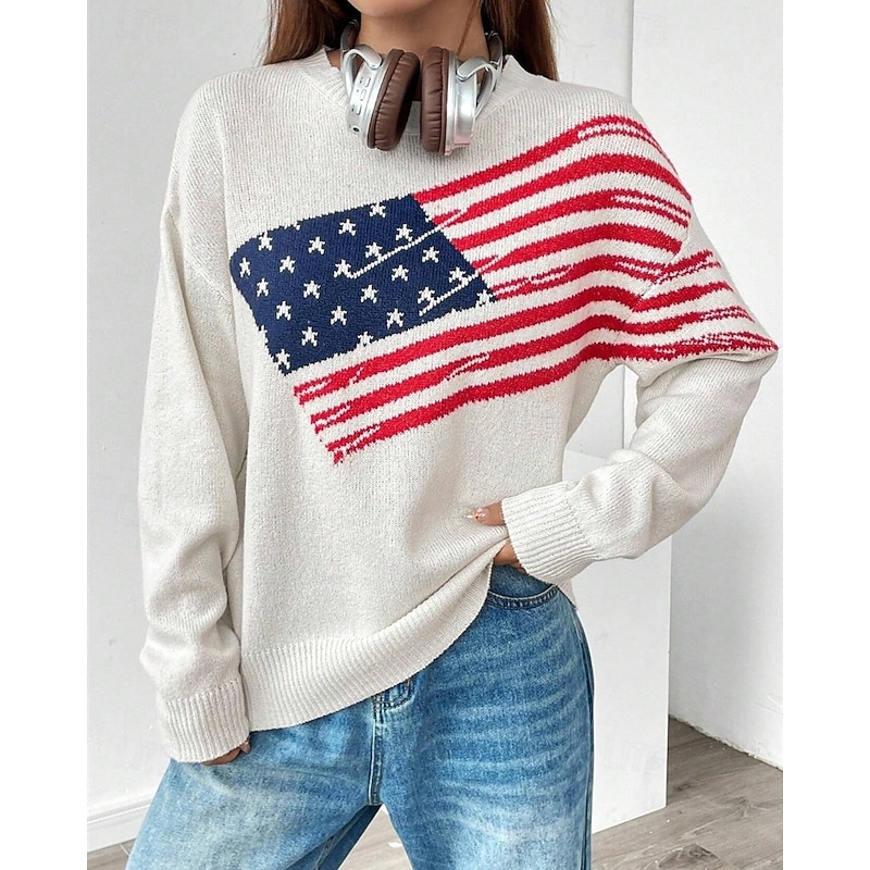 Women's Sweater Pullover Fashion Casual Graphic Ribbed Crew Neck Knitted Print Long Sleeve Regular Tops Knit Outdoor Daily Weekend White Dark Blue Fall Winter