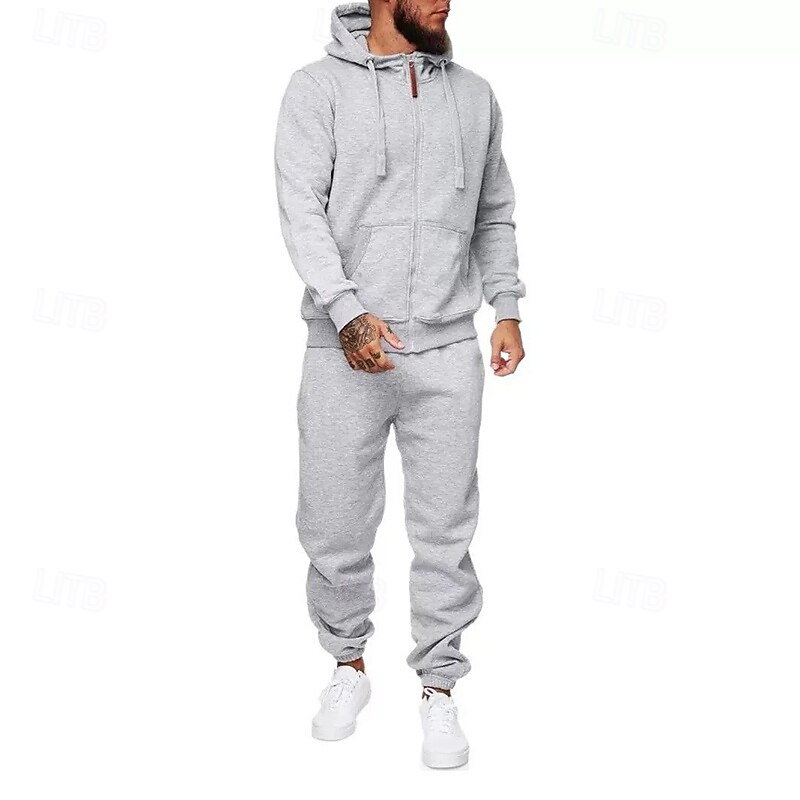 Men's 2 Piece Tracksuit Lounge Hoodie Sweatsuit Sets Solid Colored Clothing Suit Spring Dark Gray Light Grey Gym Workout Running High Waist Lightweight Fashion Long Sleeve Sport Activewear3