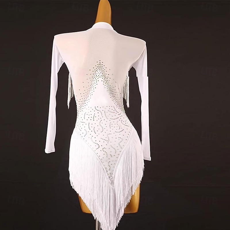 Women's Latin Competition Dance Dress Ballroom Outfits Tassel Long Sleeve Salsa Ballroom Costume Shiny Dress for Rumba2
