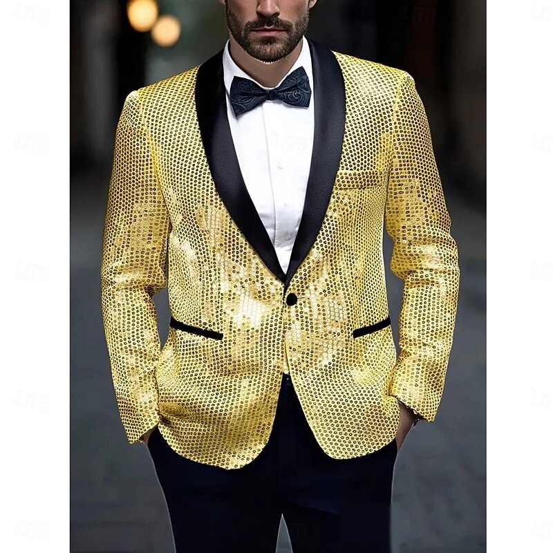 Men Blazer Jacket Party Formal All Seasons Sequin Solid Color Single Breasted One-button Blazer Silver Gold Green