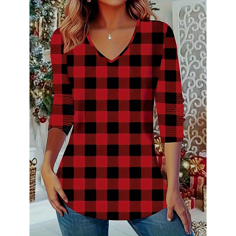 Christmas Women's Blouse Plaid Boho Long Sleeve V Neck Regular Tops Daily Red Blue Spring, Fall, Winter, Summer