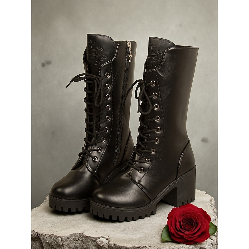 Women's Black Lace-Up Mid-Calf Boots, Chunky Heel Gothic Punk Style Boots for Casual, Night Out and Streetwear