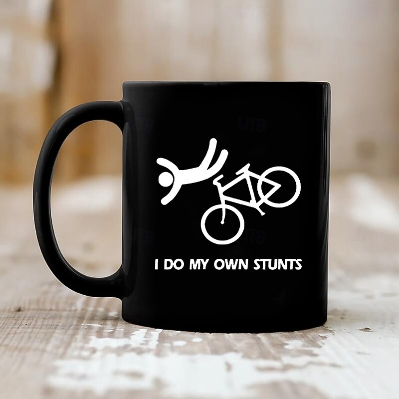 Funny Gift Mug 11oz Black Ceramic I Do My Own Stunts Coffee Cup with Bicycle Crash Graphic Humorous Gag Gift for Men Women Friends Cyclist Office Home2