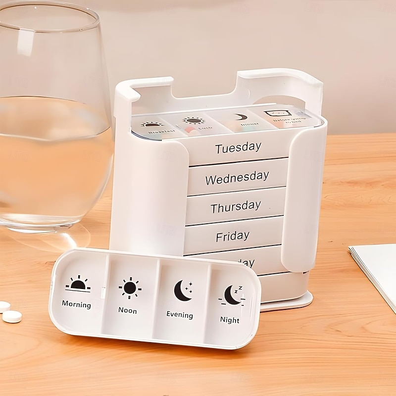 7-Day Large Capacity Portable Pill Organizer Waterproof Medication Organizer Stackable Pill Cases with 4 Times Daily Compartments Travel-Friendly Elderly-Friendly Pill Case for Home Travel Use3