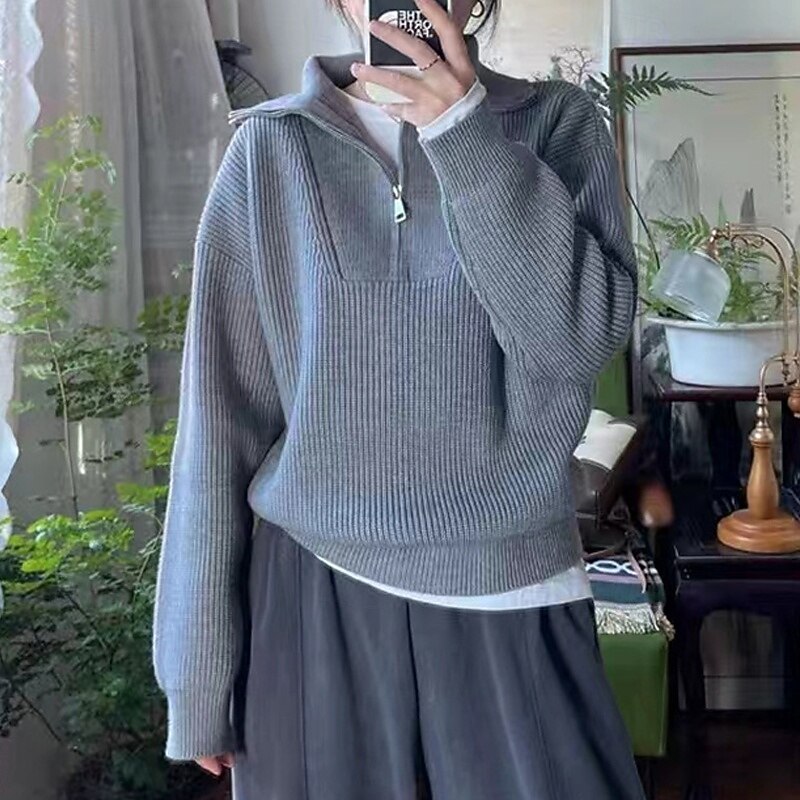 Women's Sweater Fashion Streetwear Casual Solid Color Ribbed Half Zip Knitted Long Sleeve Regular Tops Knit Outdoor Daily Weekend Gray Fall Winter2