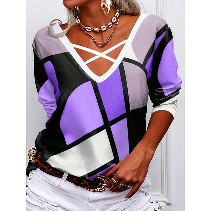 Women's Blouse Geometric Stylish Modern Casual Long Sleeve V Neck Regular Tops Daily Hollow Out Print Red Blue Purple Green Gray Spring Fall Winter4
