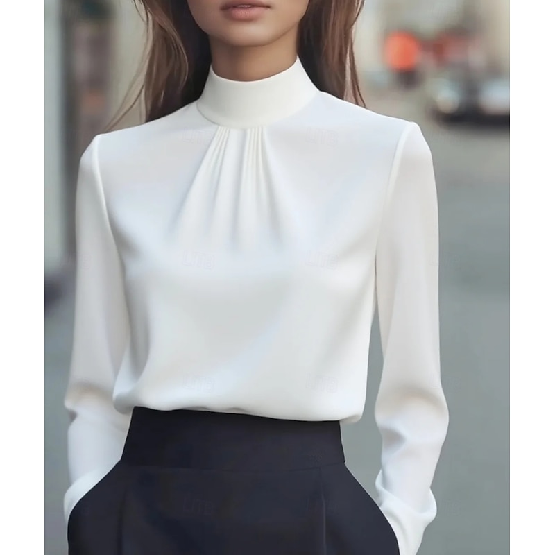 Women's Dressy Blouse Plain Elegant Daily Stylish High Neck Regular Tops Daily Black White Purple Khaki Fall4