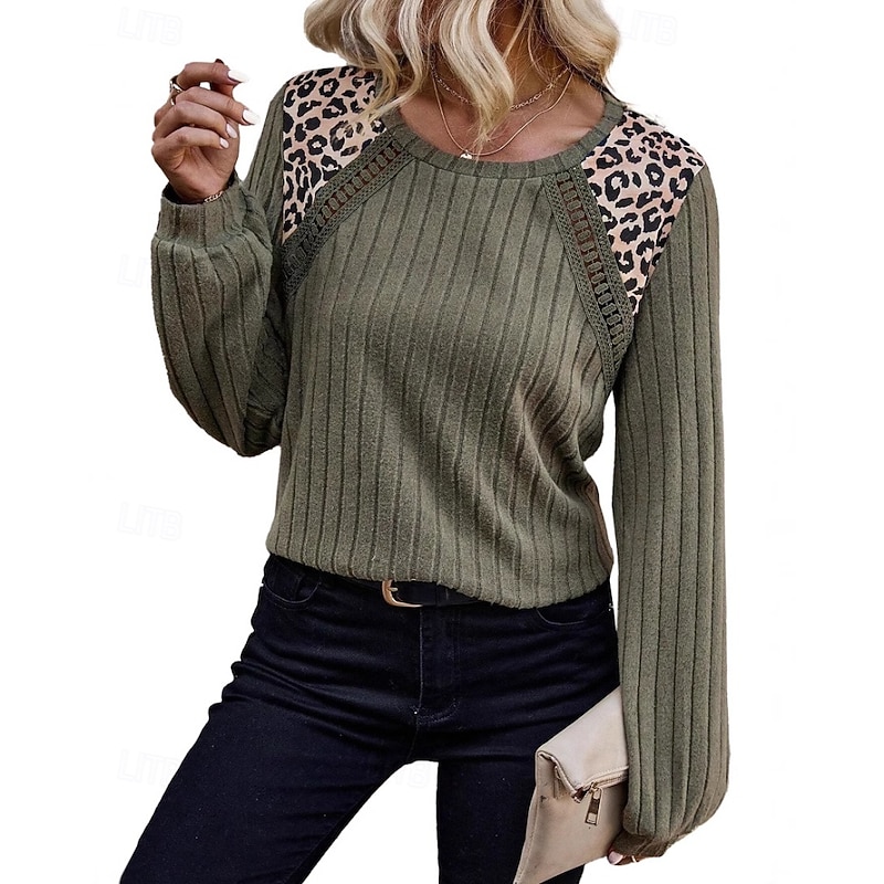 Women's Sweater Pullover Casual Soft Leopard Ribbed Crew Neck Patchwork Knitted Long Sleeve Regular Tops Knit Holiday Going out Weekend Green Fall3