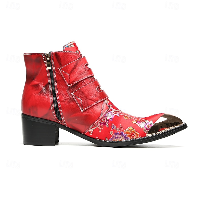 Men's Genuine Cowhide Leather Red Floral Buckle Ankle Boots – Gothic Punk Style Stage and Fashion Party Shoes4