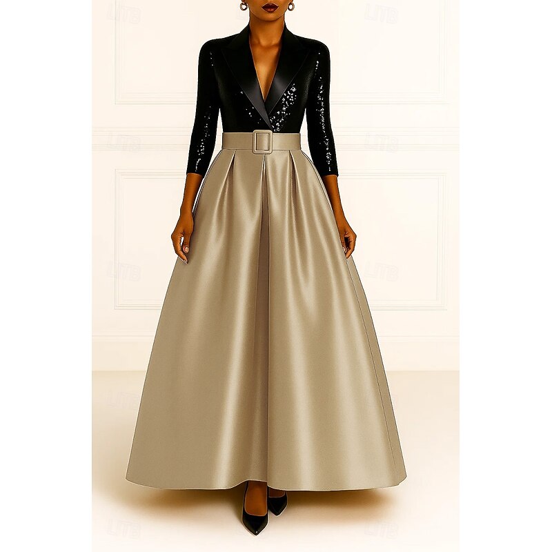 Tuxedo Dress Black Sequin Dress Formal Wedding Wedding Guest Satin A-line Dress Elegant 3/4 Sleeve Pleated Floor Length Peaked Lapel Hidden
