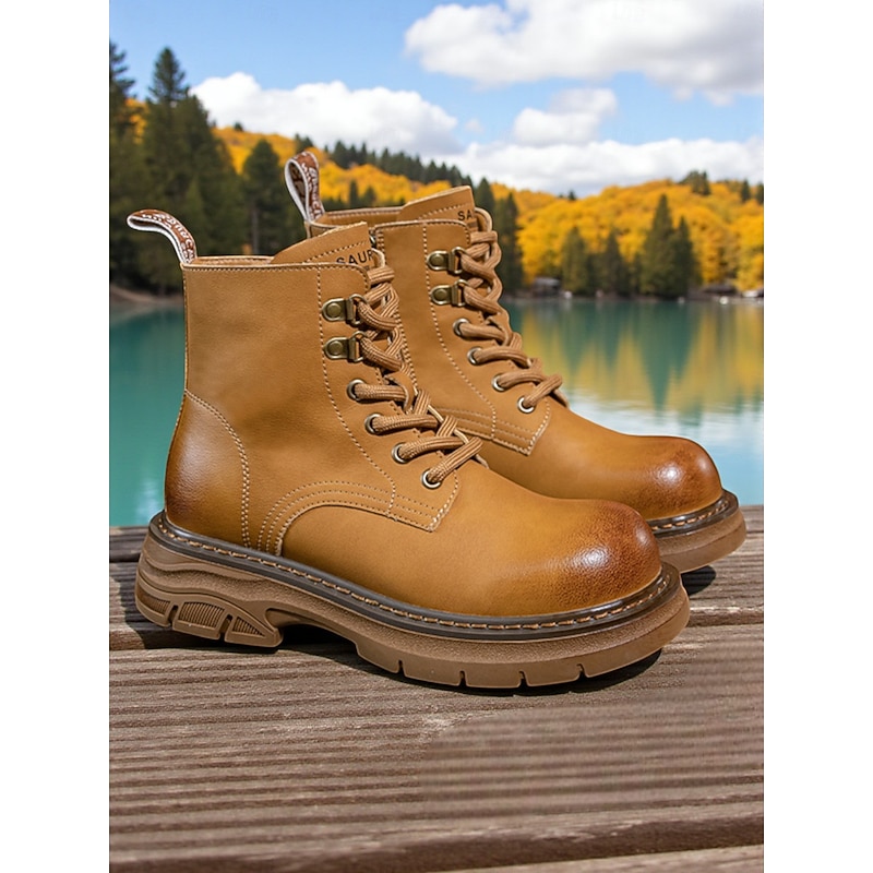 Women's Outdoor Lace Up Ankle Boots with Side Zipper and Chunky Non Slip Sole - Casual Hiking Workwear Combat Style Boots for Fall and Winter