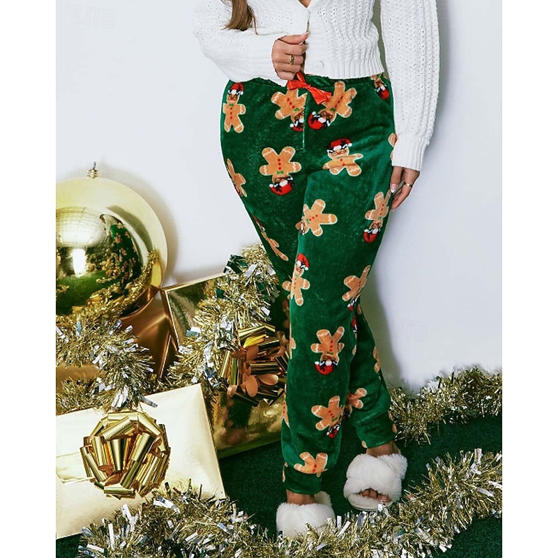 Women's Fleece Pants Chinos Vacation Vintage Streetwear Full Length Medium WaistPantsUgly Christmas Floral Elastic Waist Printing Comfortable Micro-elastic Stretchy Outdoor Vacation Home Green Summer2