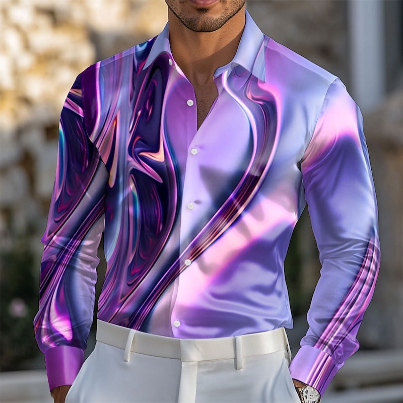 Men's Geometric Gradient Color Abstract Art Shirt Satin Shirt Dress Shirt Long Sleeve Fashion Casual Vacation Dailywear Summer Spring Fall Turndown 3D Print Button Up Shirts Blue Pink / Purple Purple