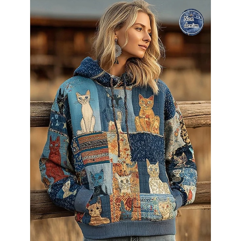 Women's Pullover Hoodie Sweatshirt Graphic Geometric Cat Vintage Casual Boho Long Sleeve Hooded Regular Tops Street Dailywear Patchwork Print Front Pocket Blue Spring Fall Winter