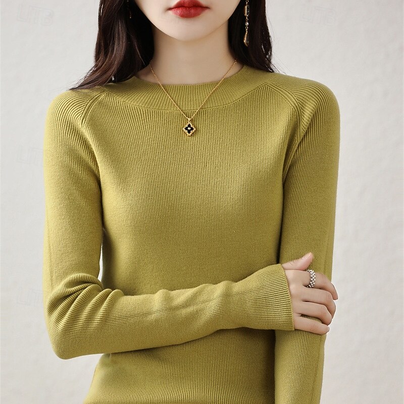 Women's Sweater Pullover Elegant Fashion Streetwear Pure Color Ribbed Crew Neck Knitted Long Sleeve Regular Tops Knit Outdoor Daily Weekend Black Yellow Fall Winter2