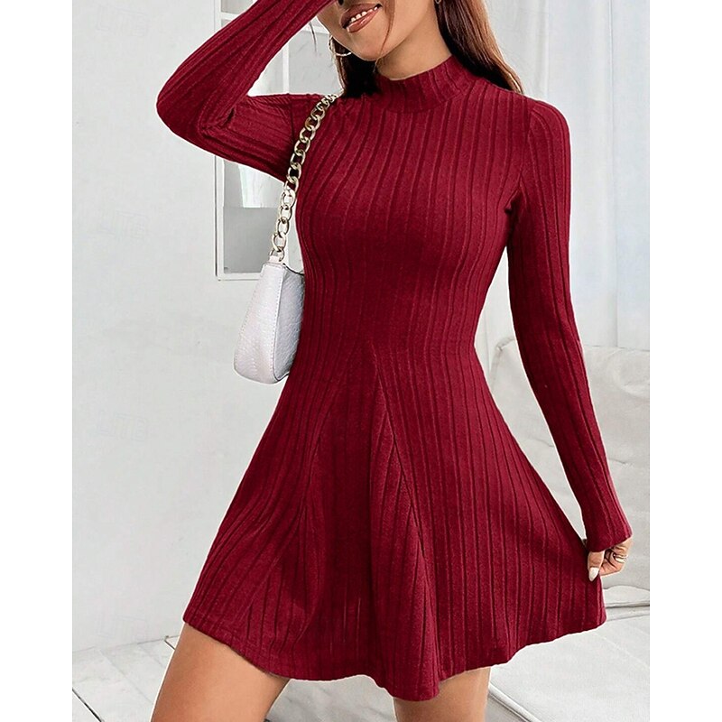 Women's Mini Dress Casual Dress Cocktail Dress Fashion Modern Daily Date Weekend Regular Fit Plain Long Sleeve Stand Collar Wine Spring Fall4
