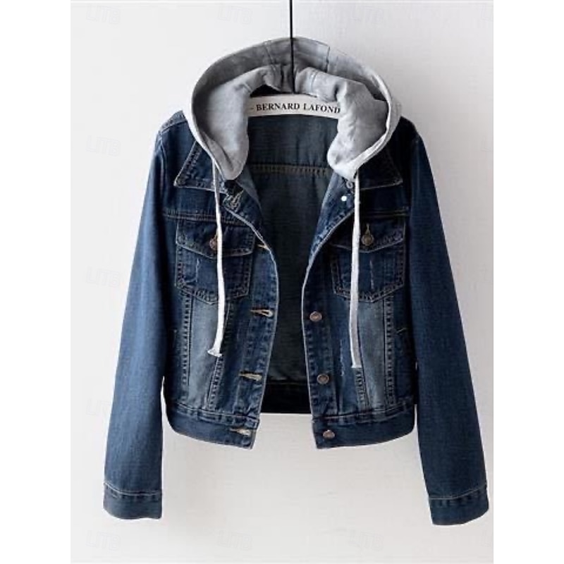 Women's Casual Jacket Denim Jacket Comfortable Breathable Pocket Buttons Casual Plain Vacation Street Casual Daily Wear Single Breasted Short Hooded Slim Long Sleeve Outerwear Navy Blue Blue Spring