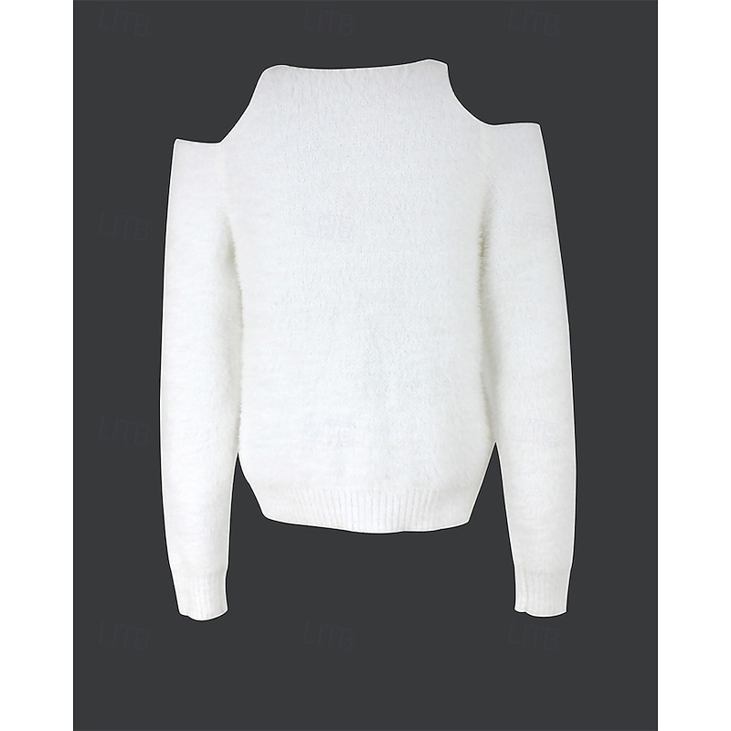 Women's Sweater Casual Soft Pure Color Ribbed Crew Neck Knitted Cold Shoulder Long Sleeve Regular Tops Knit Outdoor Daily Weekend White Fall Winter3
