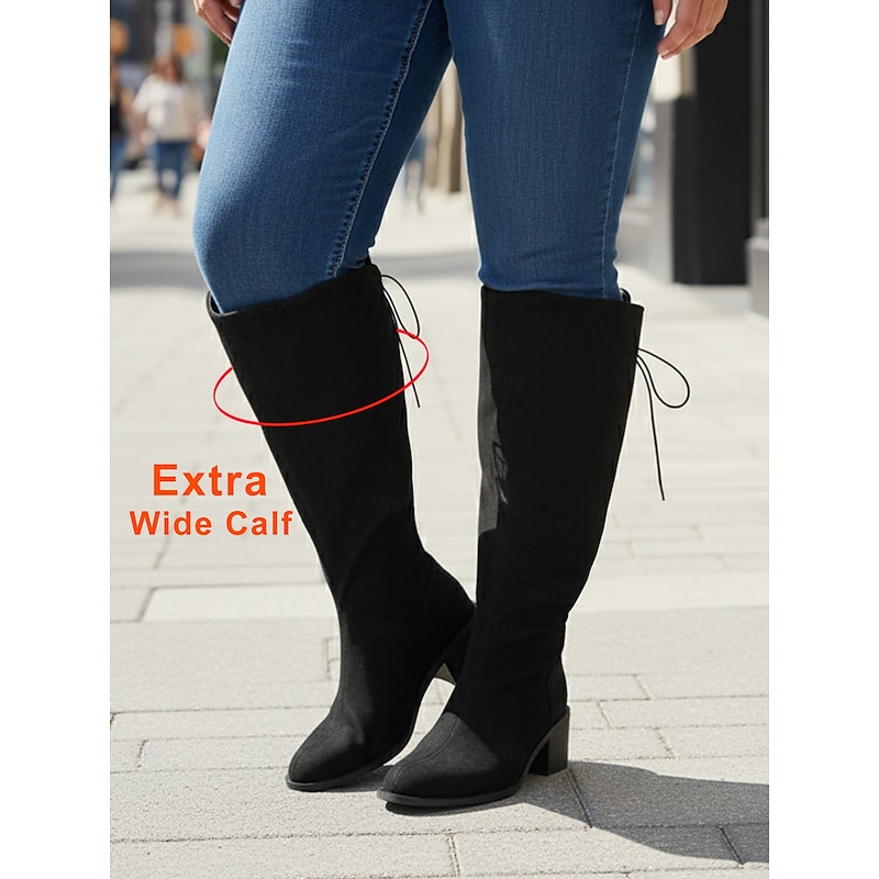 Women's Extra Wide Calf Knee High Boots – Black Casual Faux Suede Style Boots with Block Heel for Plus Size Comfort and Everyday Wear
