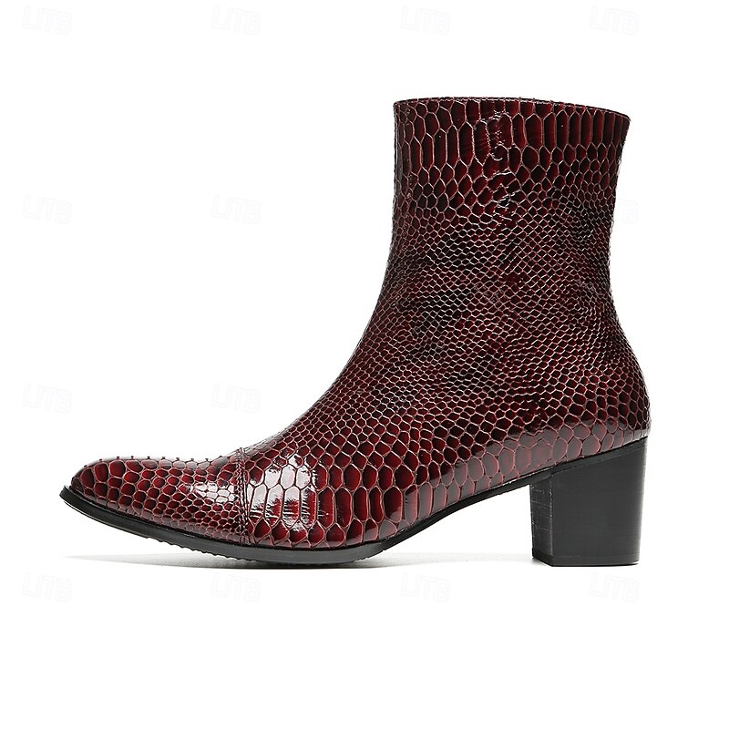 Men's Genuine Leather Burgundy Crocodile Pattern Zipper Boots – Retro Ankle Boots for Business, Evening Parties and Special Occasions3