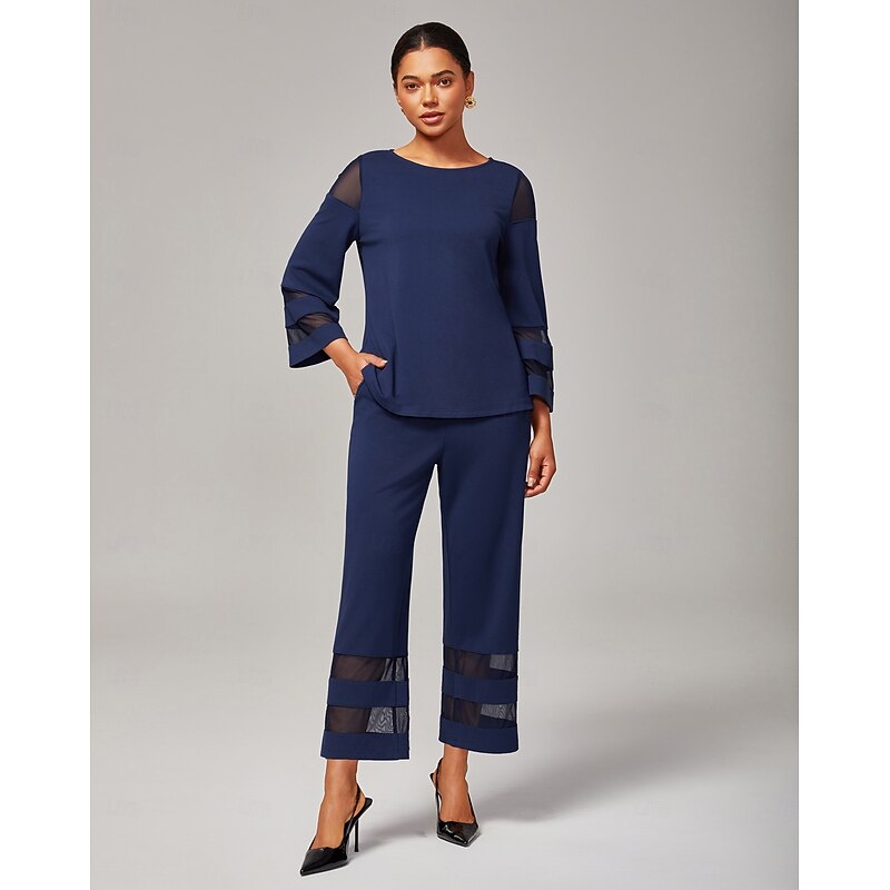 Women's Navy Blue Modal Chiffon Matching Set Fitted Blouse Cropped Pants Elegant Stylish Comfortable Daily Work Evening Wear Fall2