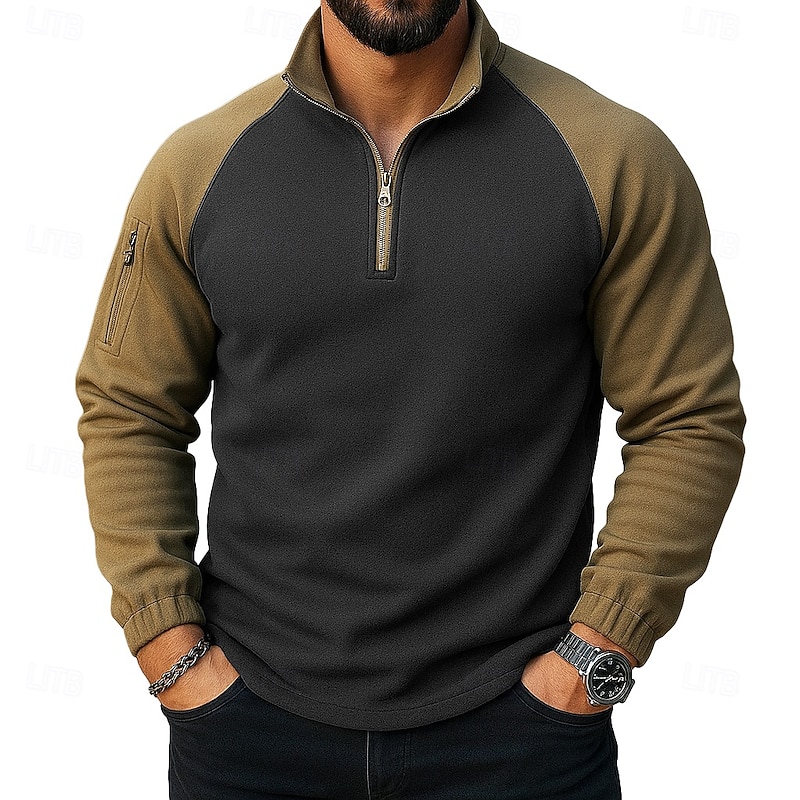 Men's Zip Hoodie Sweatshirt Quarter Zip Hoodie Tactical Army Green Navy Blue Standing Collar Plain Zipper Pocket Color Block Tactical Sports & Outdoor Daily non-printing Streetwear Cool Casual Fall2