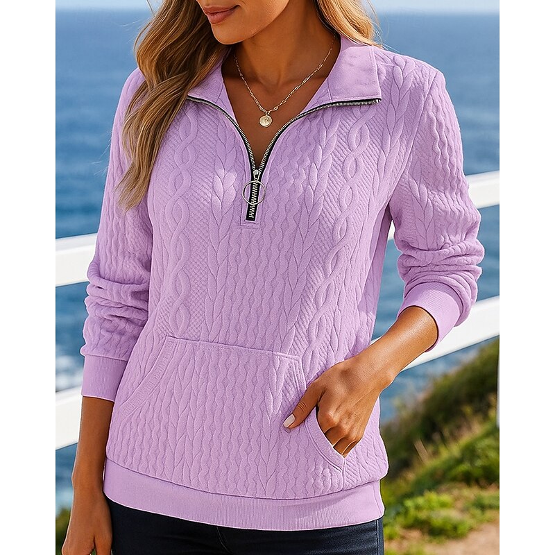 Women's Zip Up Sweatshirt Knitted Sweatshirt Cable knit with Pockets Long Sleeve Top Athleisure Solid Colored Warm Outdoor Travel Sports Sportswear Activewear White Pink Blue