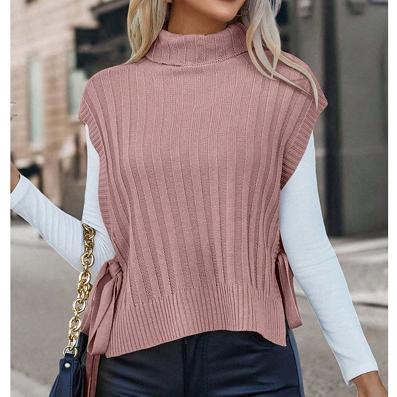 Women's Sweater Pullover Streetwear Casual Solid Color Turtleneck Knitted Sleeveless Regular Tops Knit Daily Holiday Going out Pink Apricot Fall Winter2