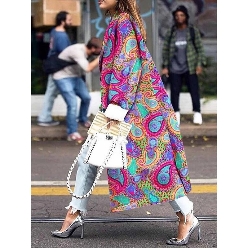Women's Winter Coat Comfortable Breathable Print Casual Floral Vacation Street Casual Daily Wear Open Front Long Collarless Regular Fit Long Sleeve Outerwear Pink Navy Blue Blue Spring Fall4