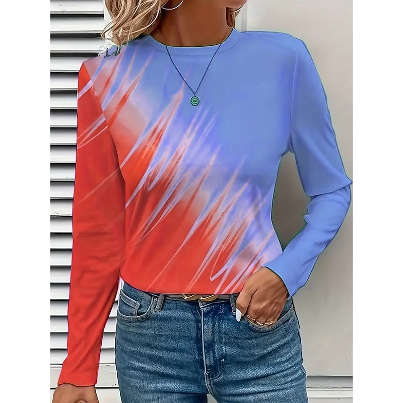 Women's T Shirt Graphic Geometric Vintage Stylish Modern Long Sleeve Crew Neck Regular Tops Daily Print Pink Royal Blue Blue Orange Green Spring Fall Winter4