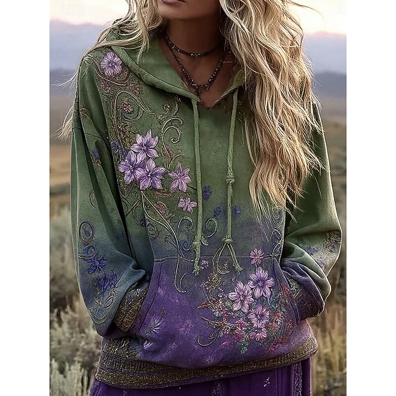 Women's 3D Print Vintage Boho Hoodie Patchwork Hoodie Sweatshirt Floral Pullover Sweatshirt Casual Long Sleeve Hooded Street Dailywear Front Pocket Grass Light Pink Purple Green Spring Fall Winter3