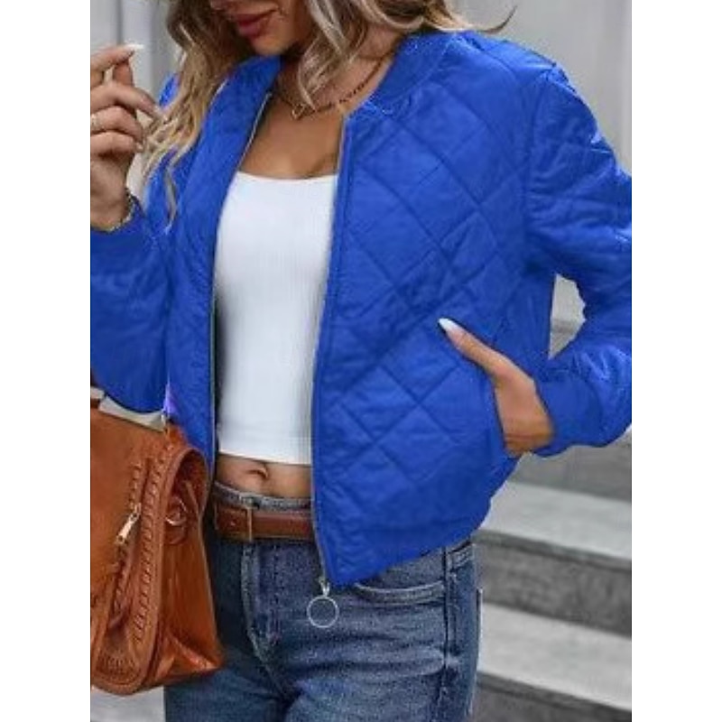 Women's Bomber Jacket Casual Jacket Comfortable Breathable Zipper Pocket Casual Plain Vacation Street Casual Daily Wear Zipper Short Stand Collar Regular Fit Long Sleeve Outerwear Navy Black Pink