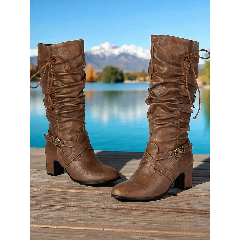 Women's Brown Faux Leather Slouch Knee High Boots with Side Zipper and Buckle Strap, Vintage Casual Style Block Heel Boots for Fall, Winter, Outdoor and Daily Wear