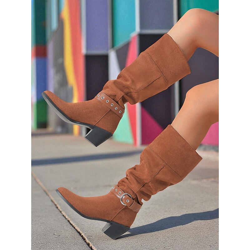 Women's Brown Fold-Over Slouch Boots with Mid Block Heels - 2-Way Convertible Shaft Faux Suede Western Style Boots for Daily Streetwear and Fall Outfits2