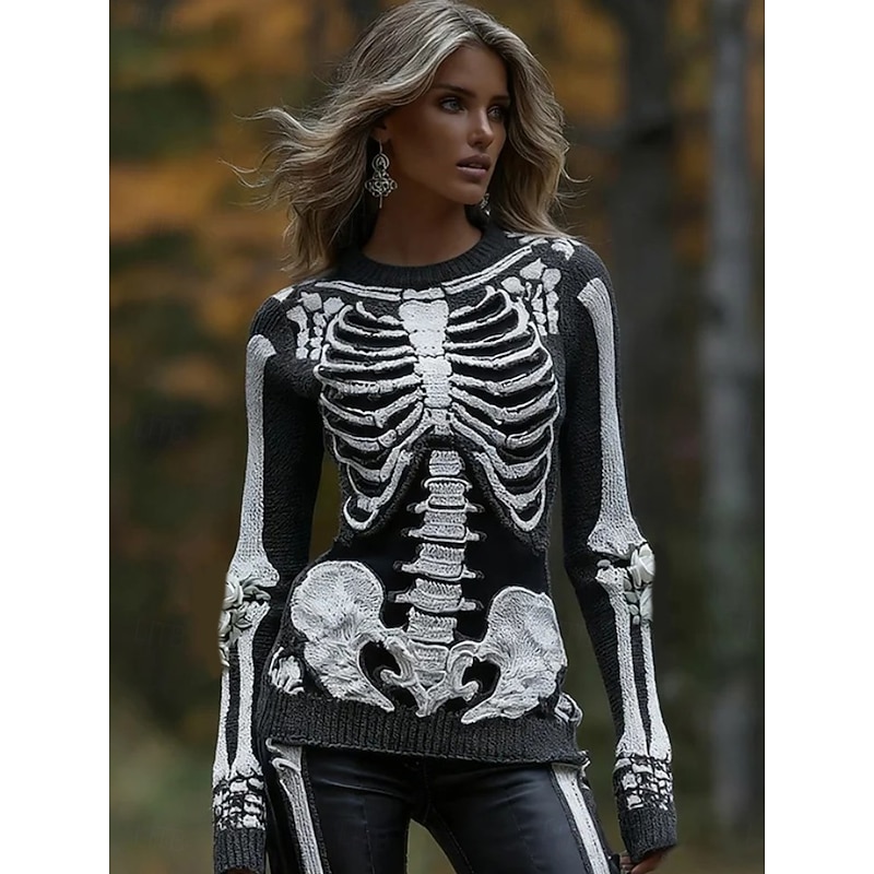 Women's Sweater Cute Streetwear Casual Graphic Skeleton Crew Neck Patchwork Knitted Long Sleeve Regular Tops Knit Halloween Black Red Fall Winter2