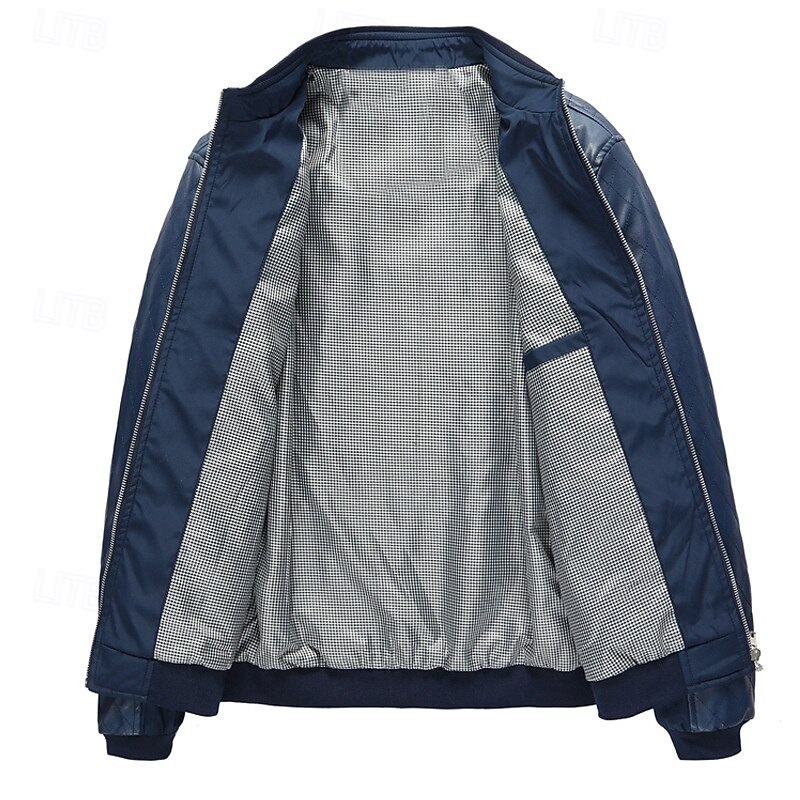 Men's Faux Leather Jacket Biker Jacket Motorcycle Jacket Vacation Daily Windproof Pocket Fall Winter Plain Fashion Classic Stand Collar Regular Wine Dark Blue Jacket3