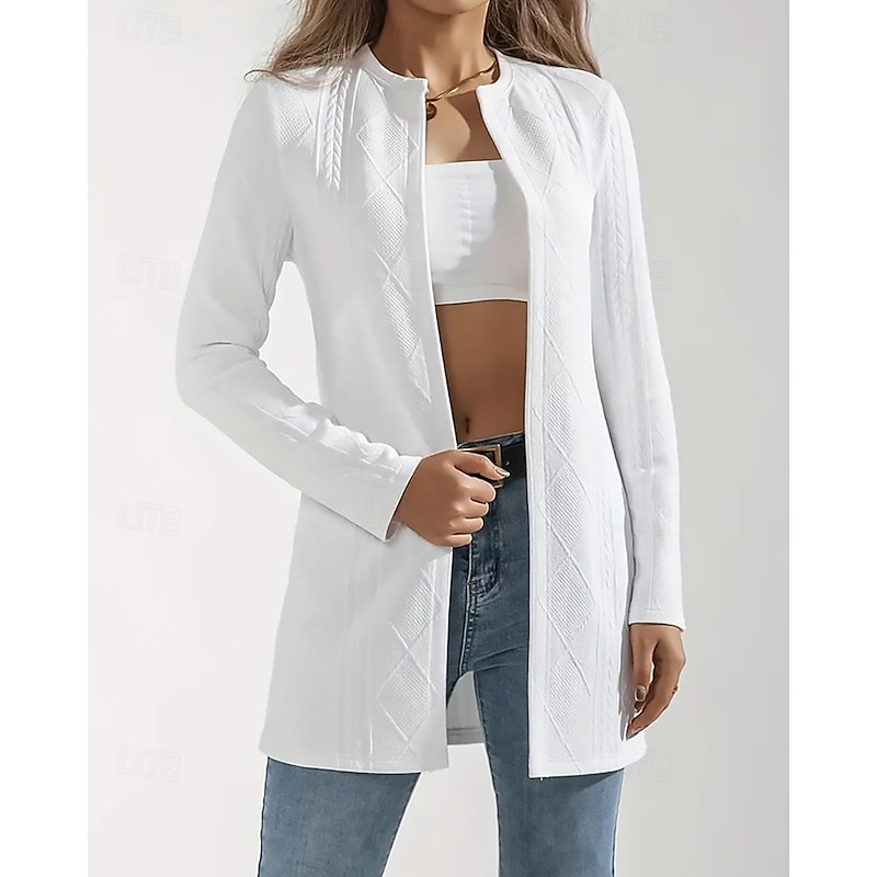 Women's Casual Jacket Comfortable Breathable Jacquard Fashion Daily Plain Outdoor Casual Daily Single Breasted Regular Crewneck Regular Fit Long Sleeve Outerwear Black White Spring Fall