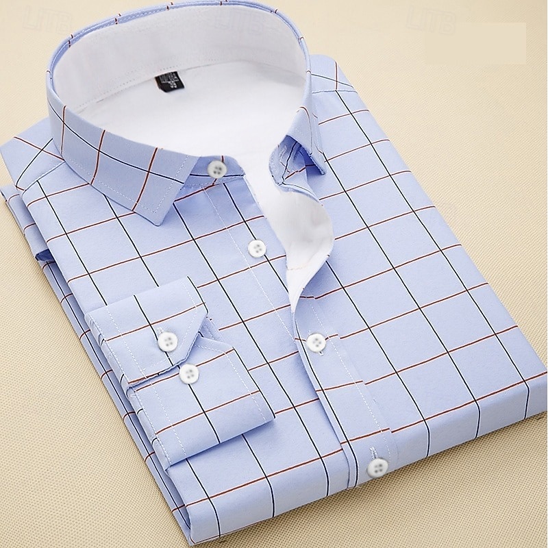 Men's Dress Shirt Plaid / Striped / Chevron / Round Wedding Weekend White Navy Blue Blue Light Blue Long Sleeve Square Neck Spring &  Fall Clothing Apparel2