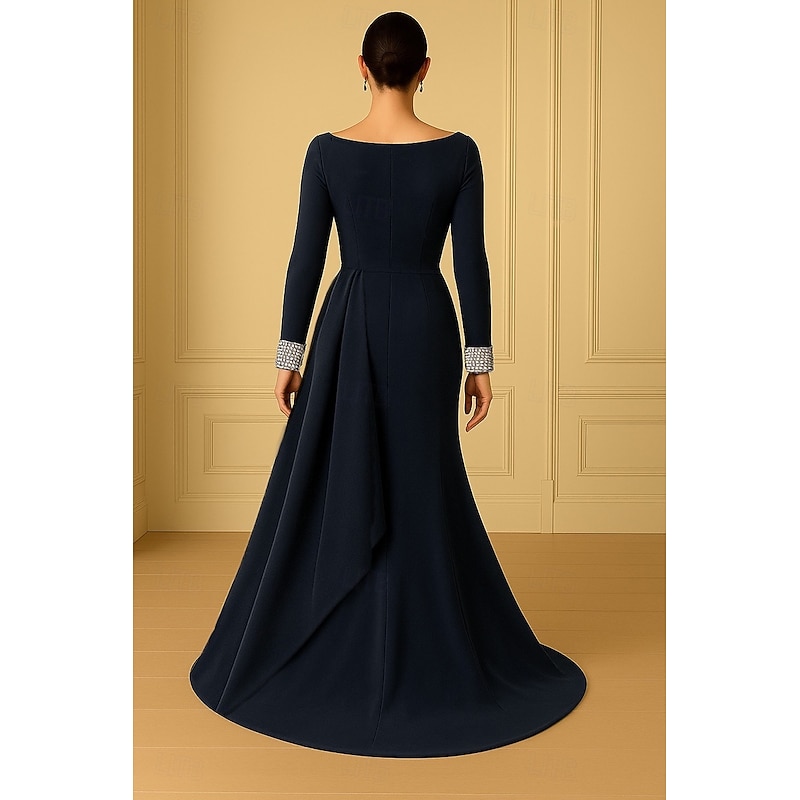 Mermaid / Trumpet Evening Gown Elegant Formal Dress Formal Wedding Sweep / Brush Train Crystal Embellished Long Sleeve Boat Neck Stretch Crepe with Pleats 20253