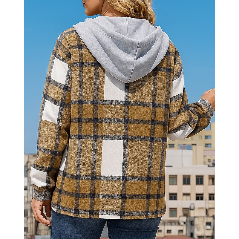 Women's Hoodie Jacket Long Coat Drawstring with Pockets Long Sleeve Top Athleisure Fall Plaid Checkered Cotton Hiking Outdoor Travel Sportswear Activewear Black Red Blue2