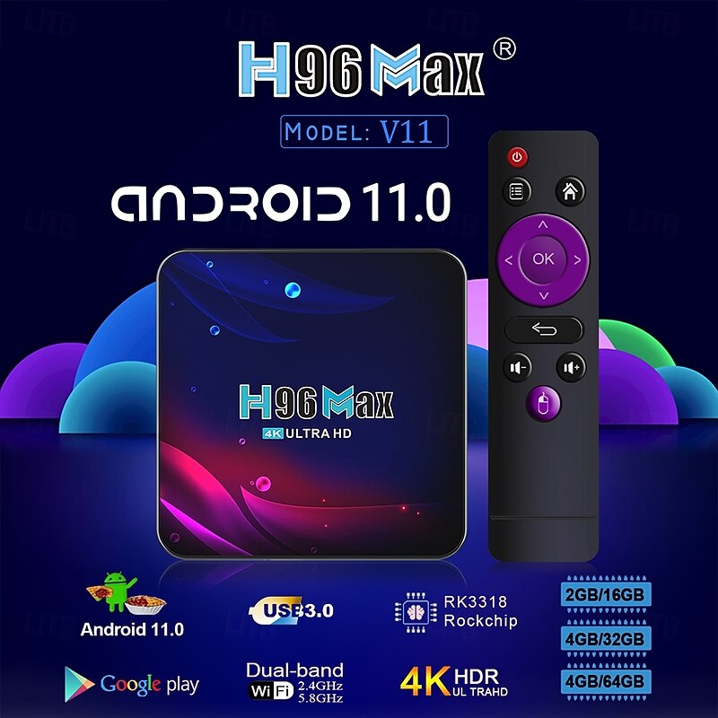 H96 Max V11 RK3318 4K Hd Youtube Google Play 2.4G 5G Wifi BT4.0 Receiver Media Player HDR USB 3.0 4GB 32GB 64GB Smart Android 11 TV Box3