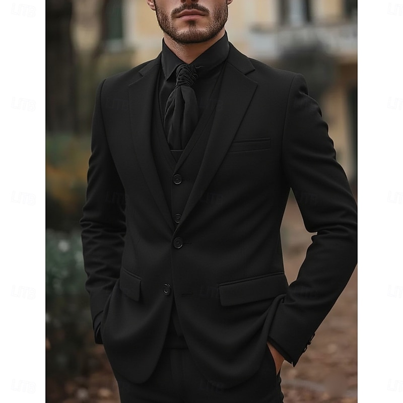 Men's Wedding Party Tweed Suits Notch Lapel Black Dark Blue Daily Formal Solid Colored Tailored Fit 3 Piece Single Breasted Two-buttons