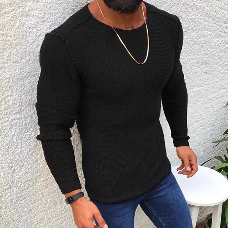 Men's Sweater Pullover Sweater Jumper Ribbed Knit Regular Tops Knitted Slim Fit Plain Crew Neck Knitwear Contemporary Casual Daily Wear Clothing Apparel Fall Black White S M L4
