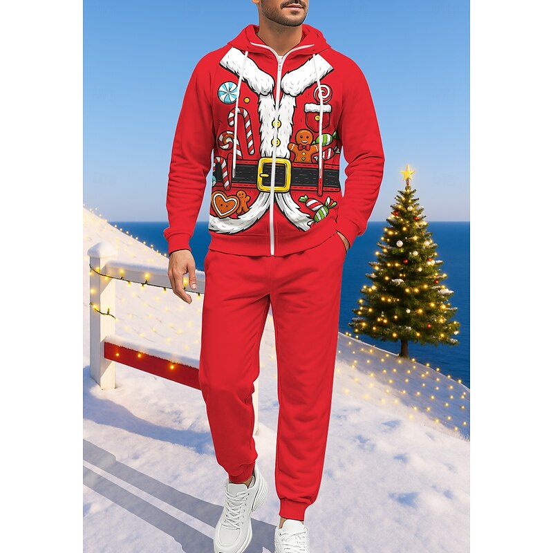 Christmas Men's Hoodie Tracksuit Zip Hoodie Drawstring Pockets Pants Hoodie Sweatshirt Fall Red Green Gym Workout Casual Basketball Baggy Long Sleeve Sport Activewear Stretchy Regular Fit