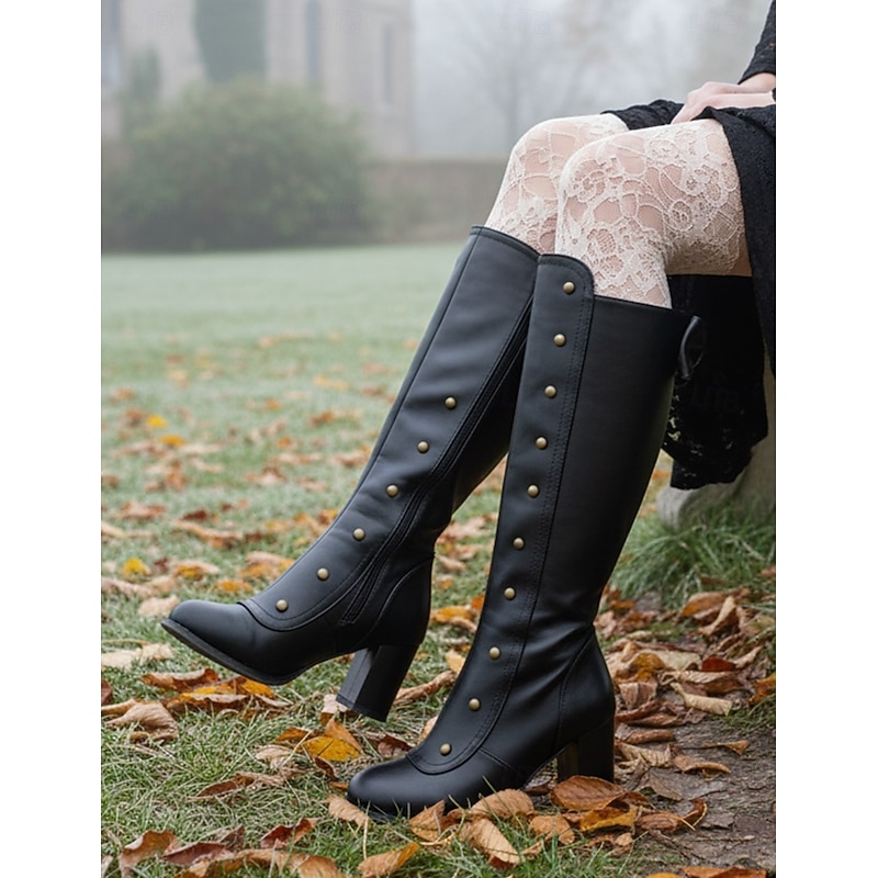 Women's Vintage Brown Knee-High Leather Boots with Button Detailing and Block Heel - Perfect for Outdoor Adventures and Country Chic Style2