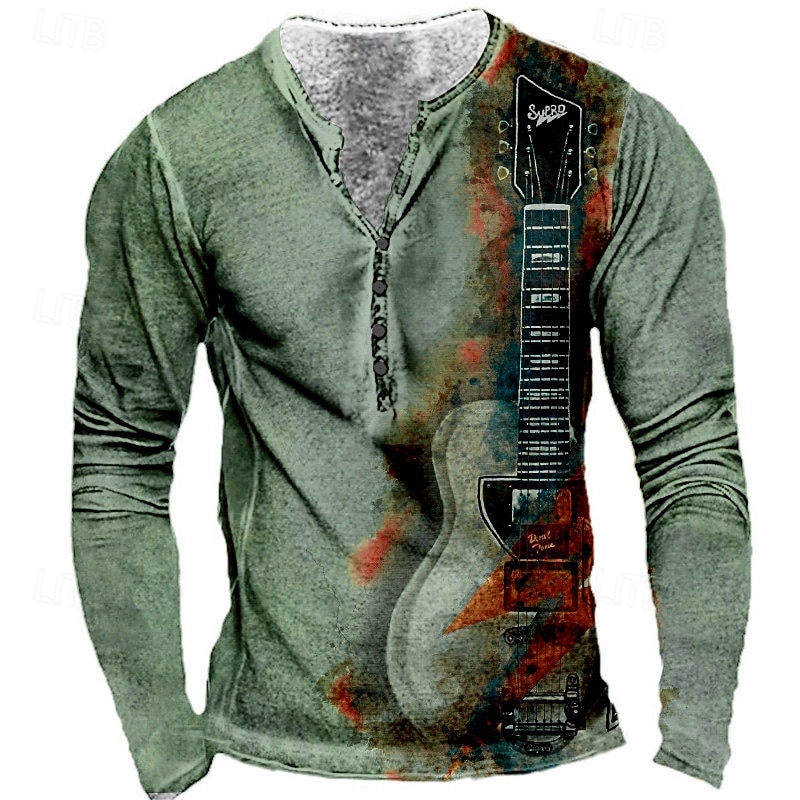 Men's Graphic Guitar T shirt Henley Shirt Tee Long Sleeve 3D Print Designer Basic Classic Outdoor Daily Sports Spring &  Fall Yellow Red Blue Purple Khaki Henley Henley T-Shirt4
