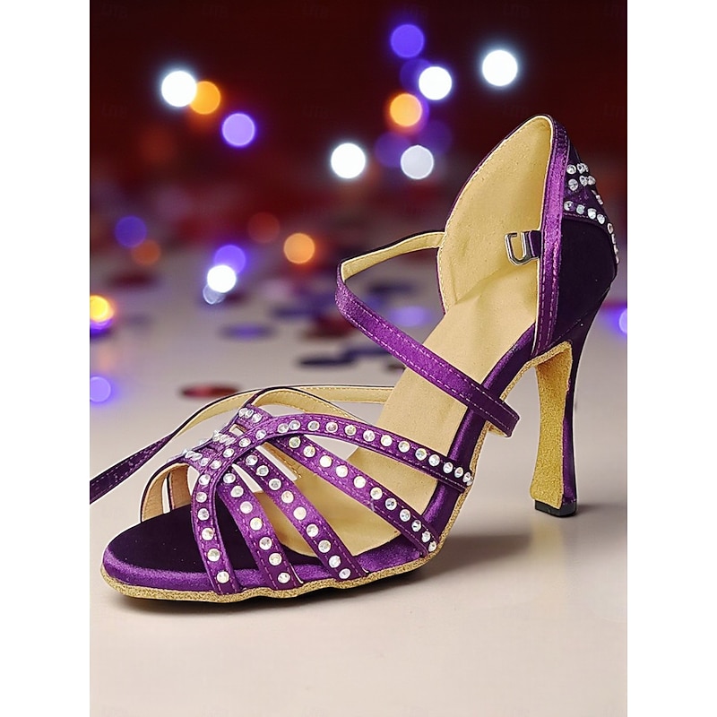 Women's Professional Latin Dance Shoes Purple Satin Strappy High Heel Sandals with Rhinestones for Ballroom Dancing, Gatsby Parties and Evening Events3