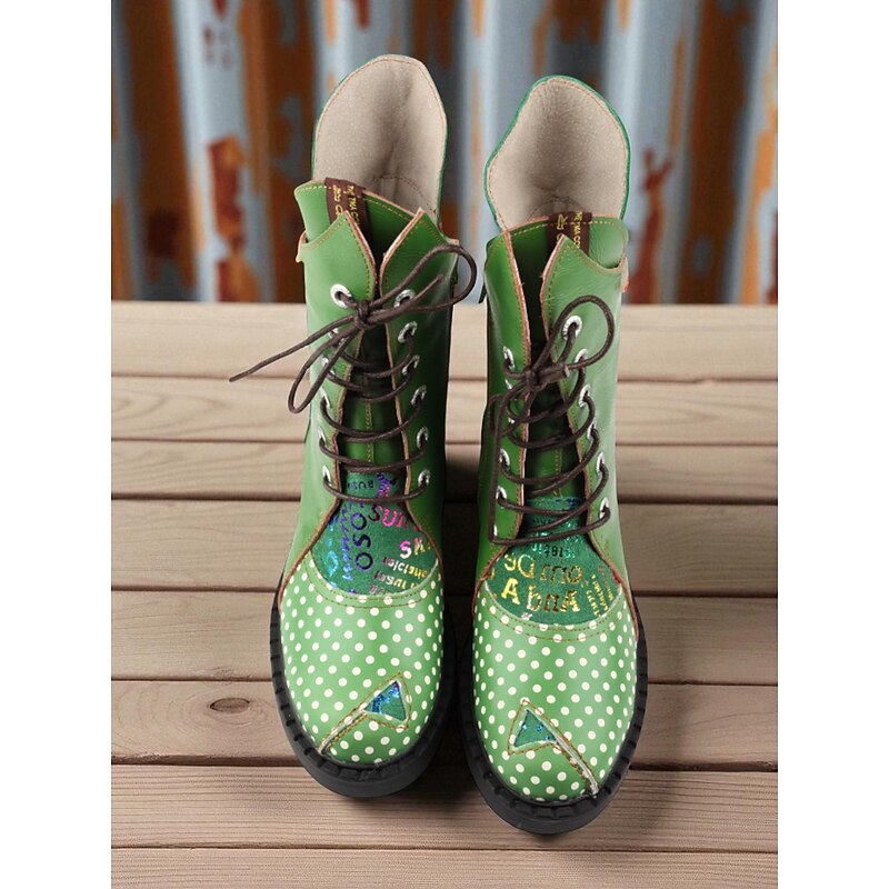 Women's Genuine Leather Green Polka Dot Combat Boots – Retro Lace-Up Boots for Outdoor Fashion and Festivals3