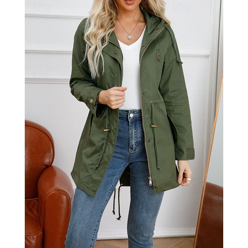 Women's Winter Coat Trench Coat Warm Comfortable Zipper Pocket Casual Plain Vacation Daily Wear Going out Weekend Long Hooded Regular Fit Long Sleeve Outerwear Black White Wine Fall Winter
